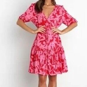 Petal + Pup Despina Dress Red Pink Floral Tiered Mini Dress Size Large, New